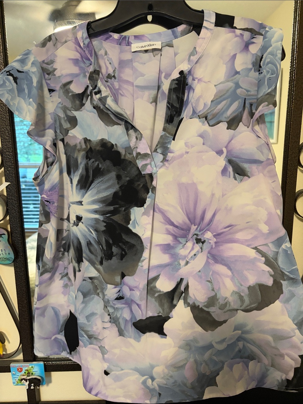 Calvin Klein Lavender and Gray Floral Cap-Sleeve Blouse